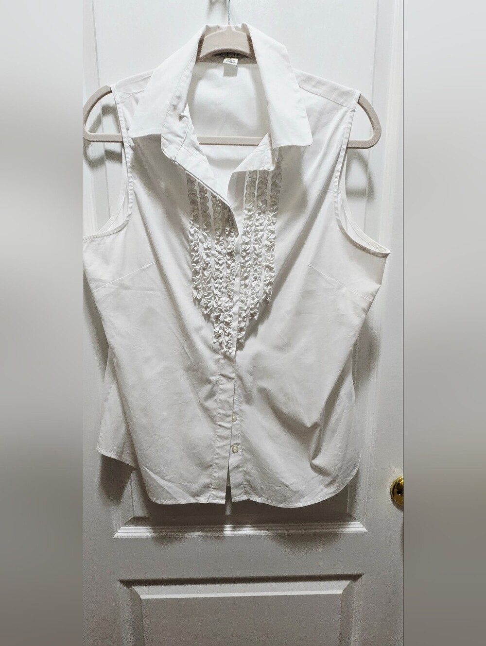 Classic White Ruffle-Front Sleeveless Button-Down Top